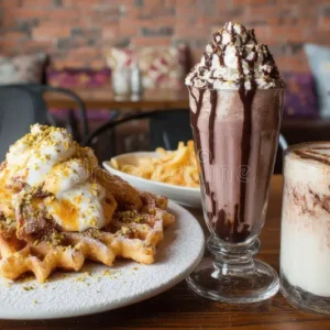 waffle milkshake coffee wooden table 389542781