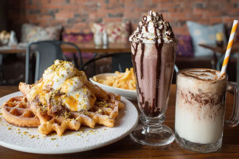 waffle milkshake coffee wooden table 389542781